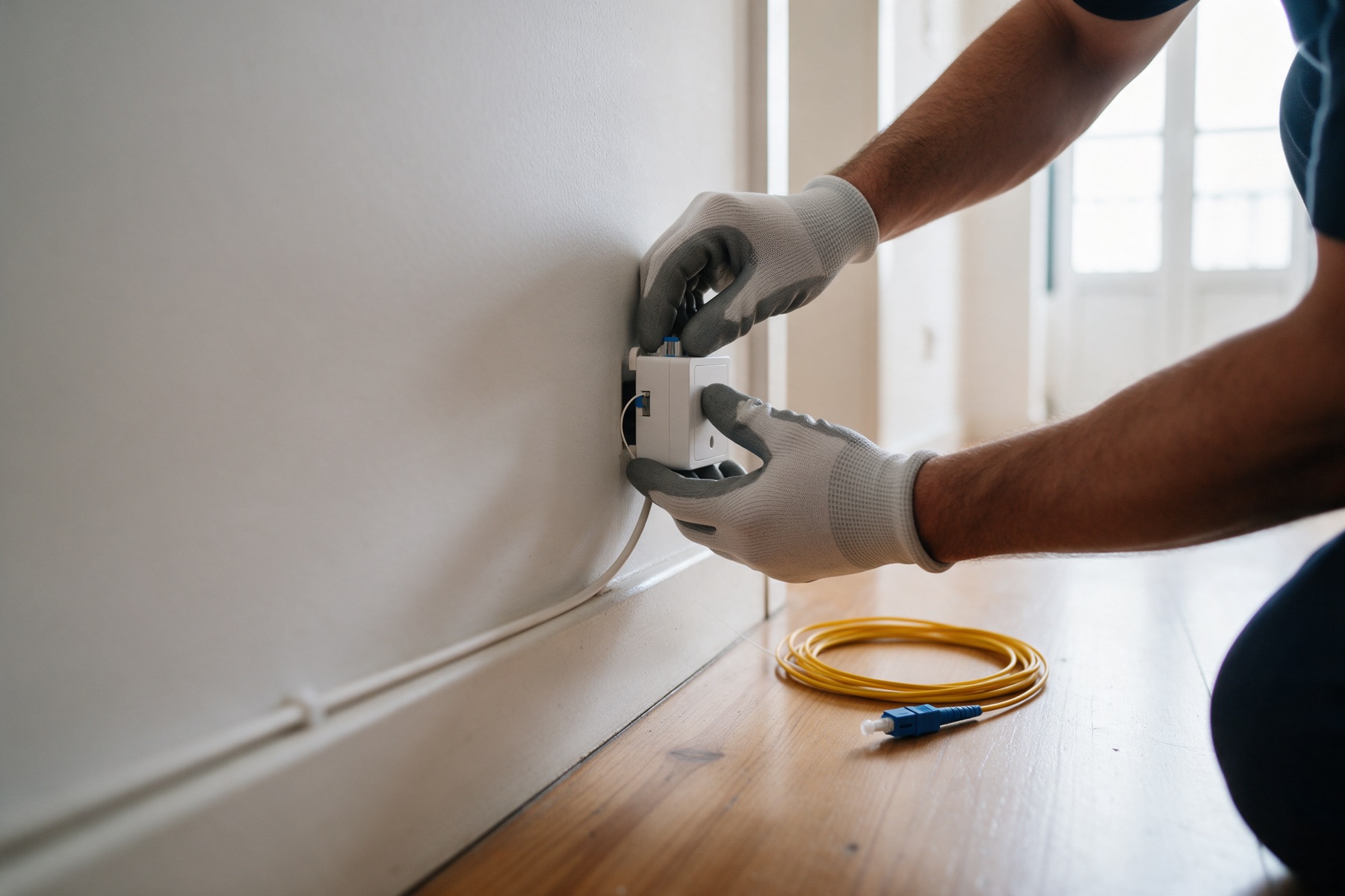 Técnico a fixar uma tomada de fibra ótica junto ao rodapé, com um cabo de ligação amarelo no chão