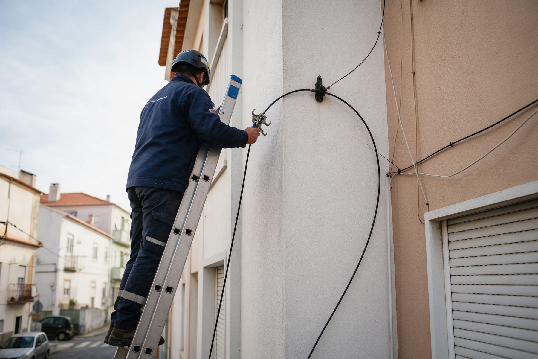 Técnico numa escada a reparar um cabo drop de fibra ótica na fachada de um prédio