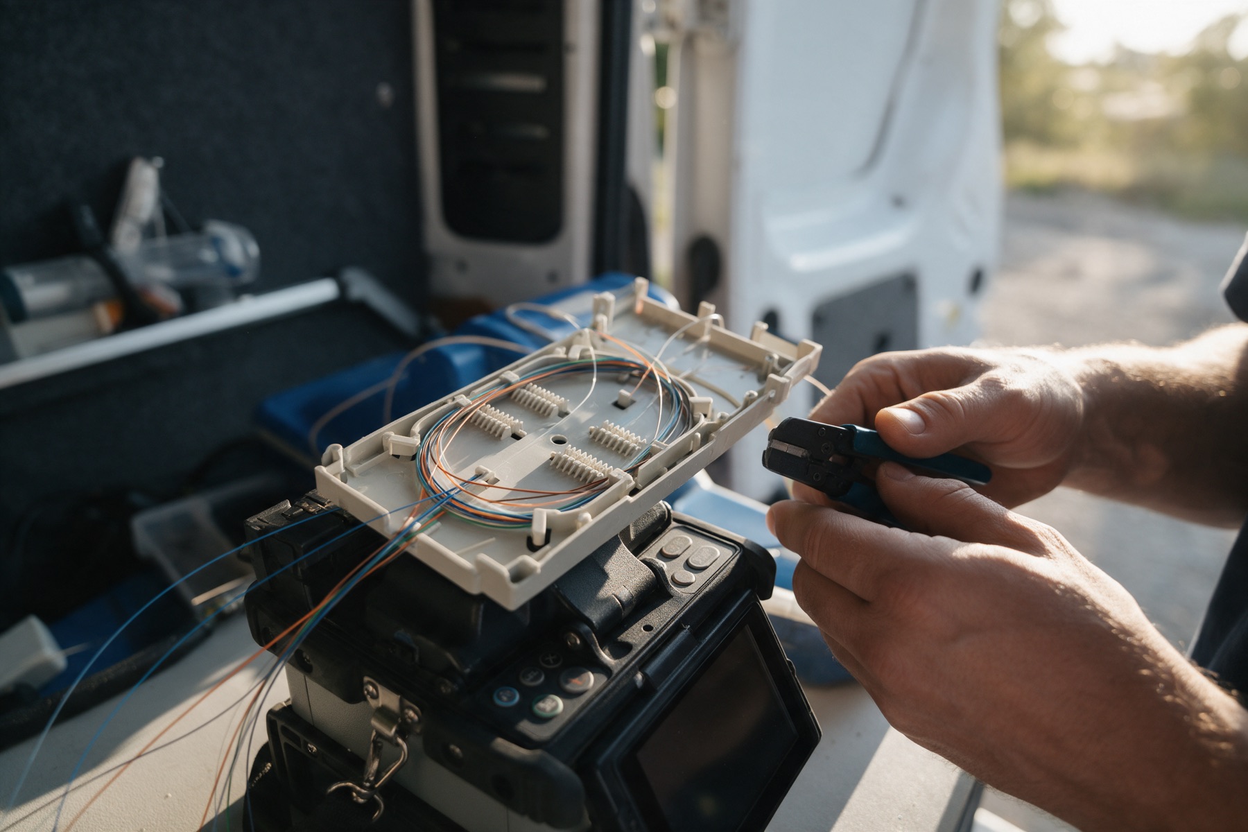 Máquina de fusão de fibra ótica com uma caixa de emendas aberta e fibras de cores separadas