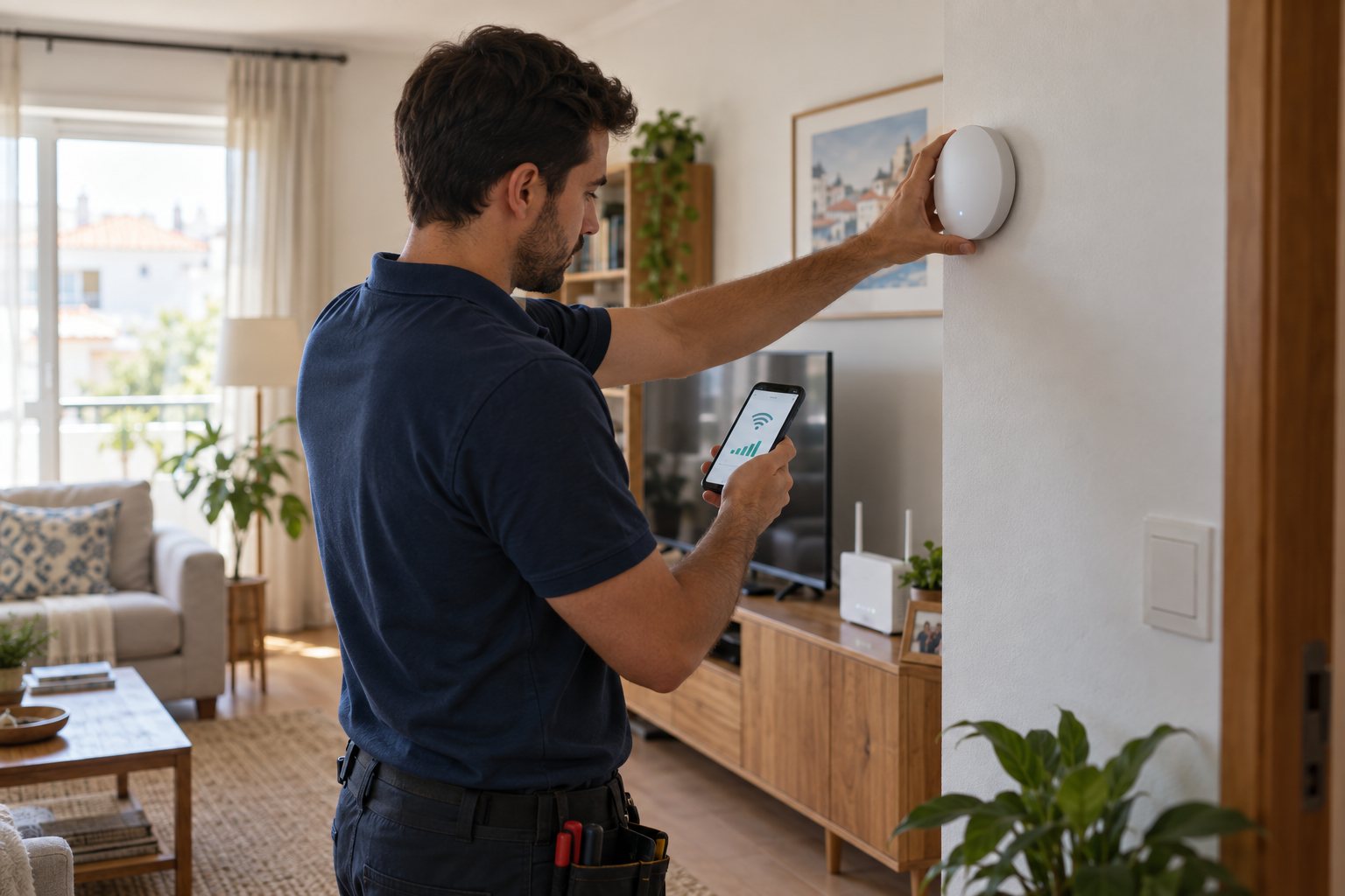 Técnico a fixar um ponto de acesso Wi-Fi na parede de uma sala enquanto confirma o sinal no telemóvel